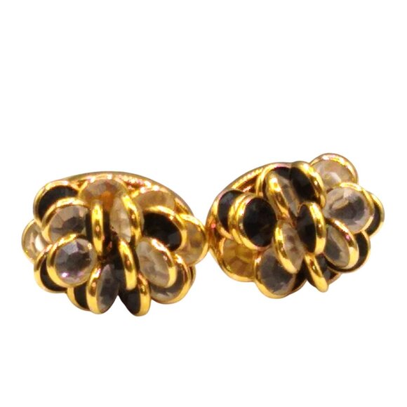 Vintage Monet Bezel Set Crystal Cluster Earrings, Black and White in Gold Tone - Picture 2 of 4